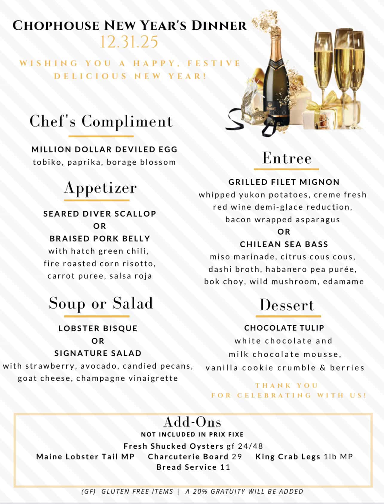 NYE Main Chophouse Menu