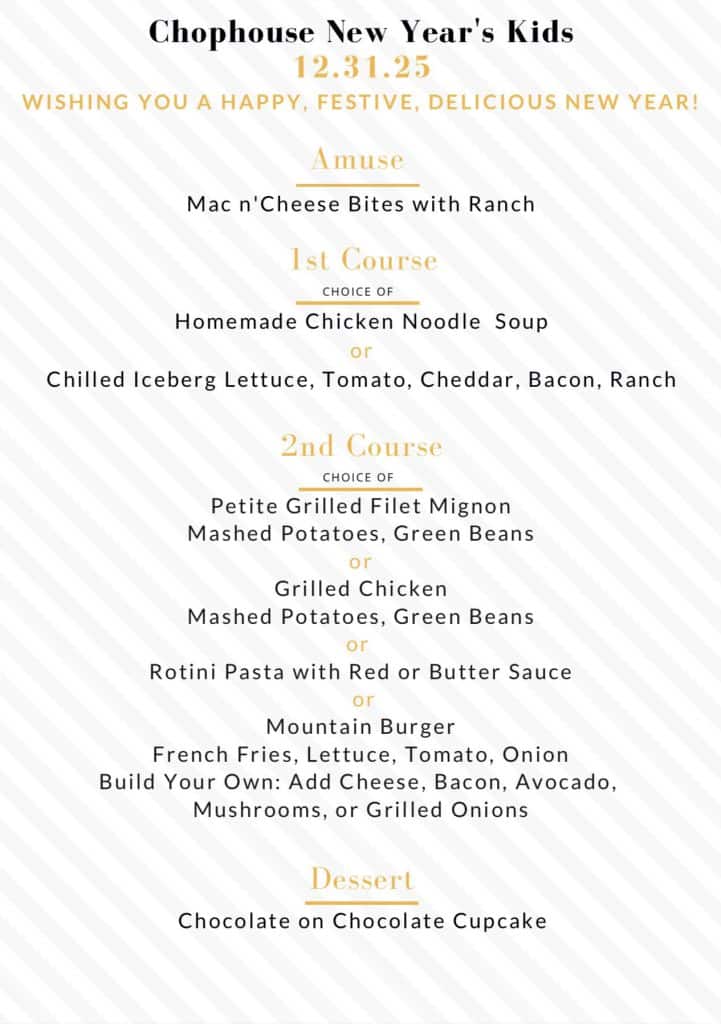 NYE Chophouse Kids Menu