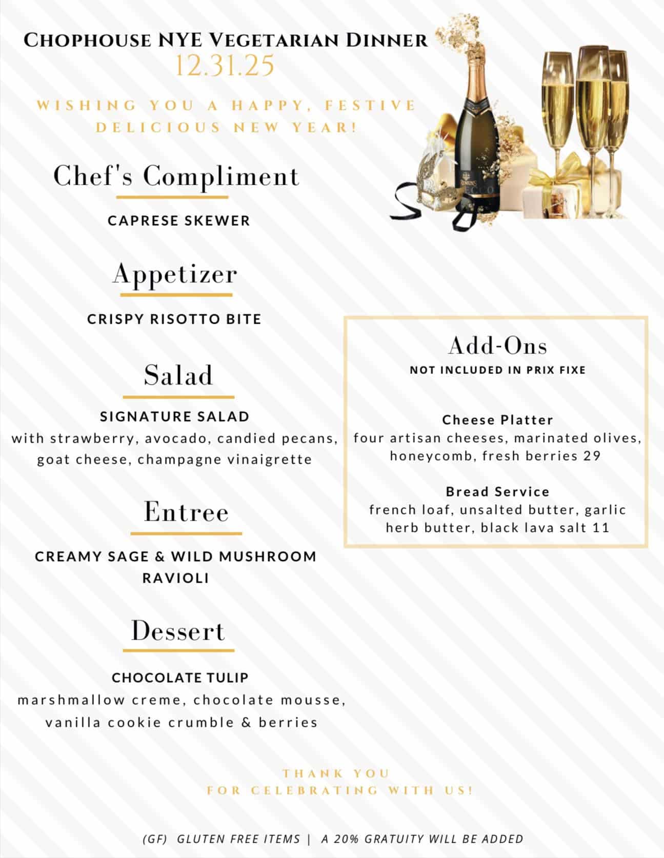 NYE Chophouse Vegetarian Menue
