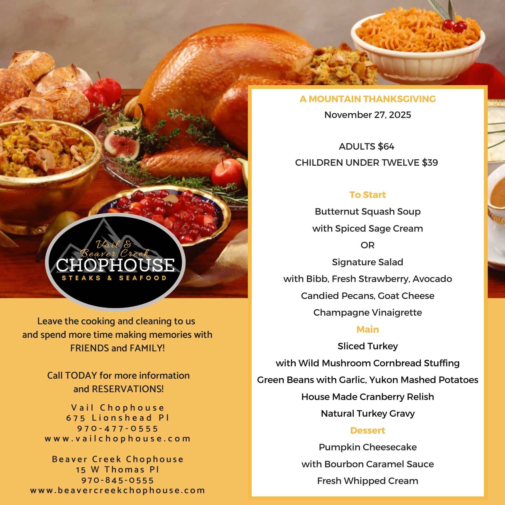 Vail Chophouse Thanksgiving 2025